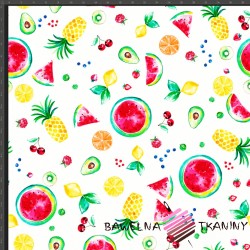 Cotton Jersey knit digital printing of colourful fruit on white background