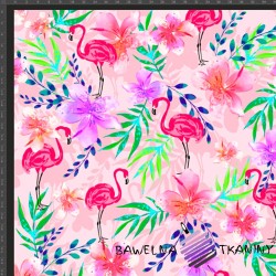 Dzianina Jersey druk cyfrowy - flamingi w liściach i kwiatach na różowym tle