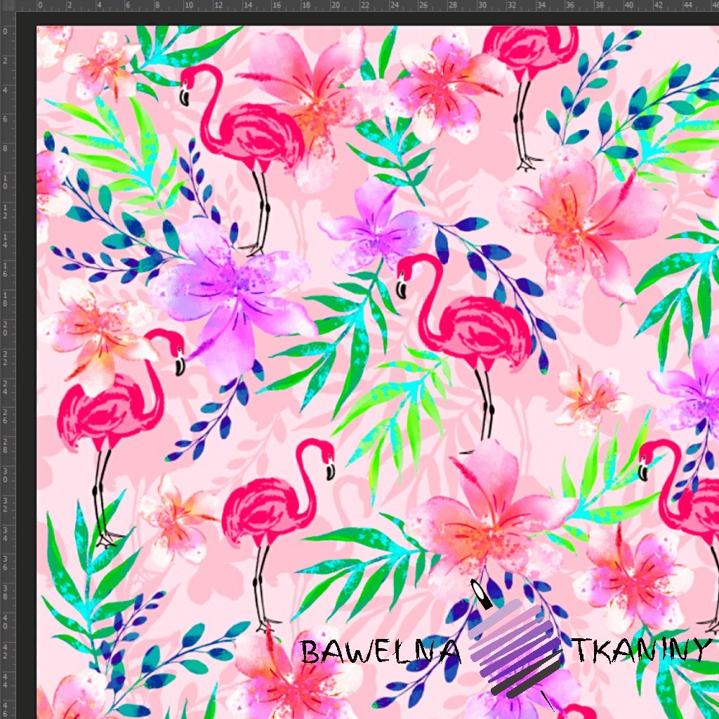 Cotton Jersey knit digital printing of flamingos in leaves and flowers on a pink background