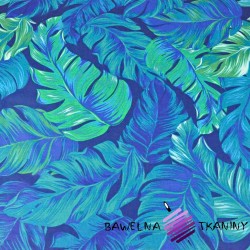 Cotton Tropical blue-green leaves on a navy background