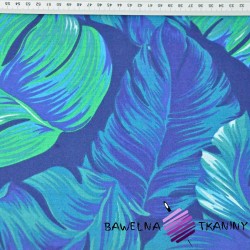 Cotton Tropical blue-green leaves on a navy background