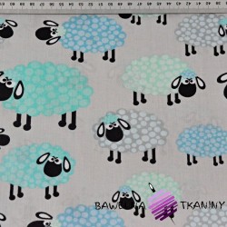 Cotton blue & mint sheep in dots on gray background