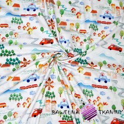 Cotton Jersey knit digital printing of colorful town on a white background
