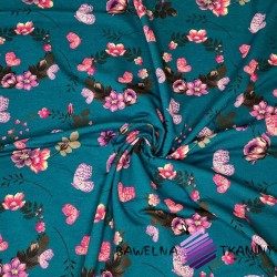 Looped knit digital print - butterflies with flowers on an emerald background