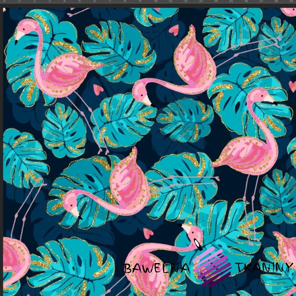 Cotton Jersey knit digital printing gilded flamingos in monstera leaves on a navy blue background