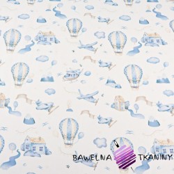 Cotton planes and blue-beige balloons on white background