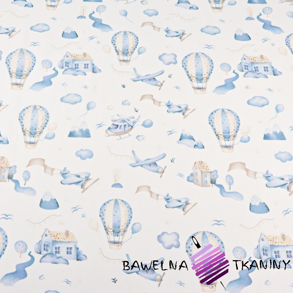 samoloty i balony niebiesko beżowe na białym tle