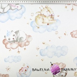 Cotton animals sleeping on clouds and moons on a white background