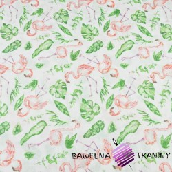 Muslin cotton - flamingos with leaves on a white background