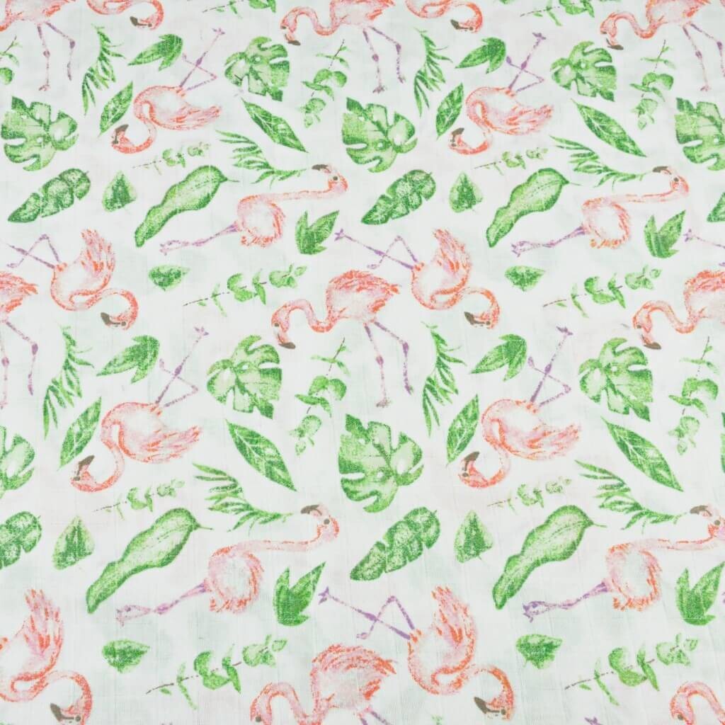 Muslin cotton - flamingos with leaves on a white background