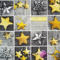 Wzór świąteczny patchwork gwiazdki żółte na szarej desce