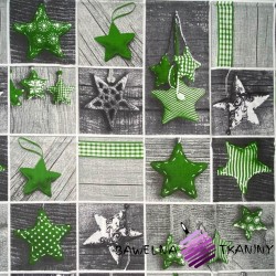Patchwork Christmas pattern with green stars on gray board