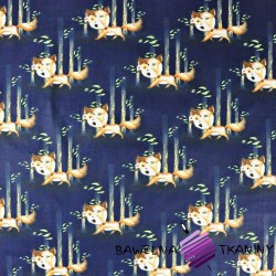 Cotton foxes in trees on a navy background