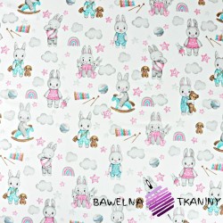 Cotton pink-turquoise-gray rabbits with clouds on white