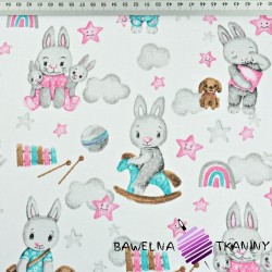 Cotton pink-turquoise-gray rabbits with clouds on white