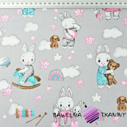 Cotton pink-turquoise-gray rabbits with clouds on gray background