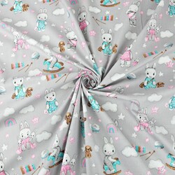 Cotton pink-turquoise-gray rabbits with clouds on gray background