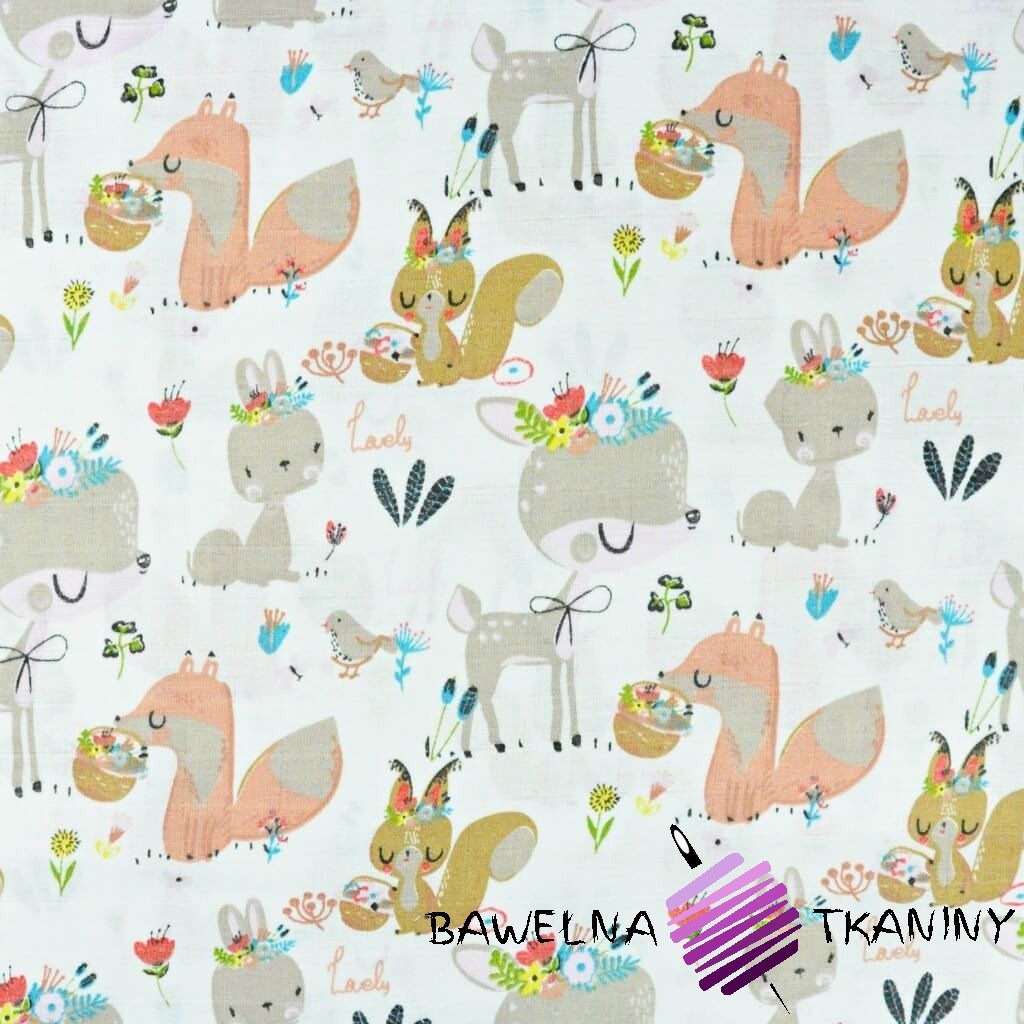 Muslin cotton - deer with squirrels and foxes on a white background