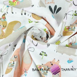 Muslin cotton - deer with squirrels and foxes on a white background