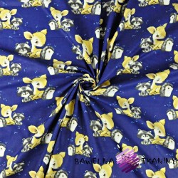 Cotton deer with hedgehogs and raccoons on a navy blue background