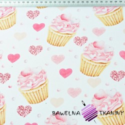 Cotton pink cupcakes with hearts on a white background