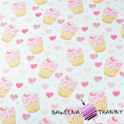 Cotton pink cupcakes with hearts on a white background