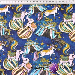 Cotton magical pink-blue circus on a denim background