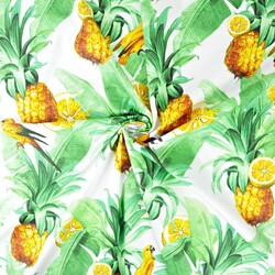 Cotton leaves with parrots and pineapples on white - 220cm