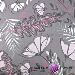 Cotton fern leaves with flowers on a gray-purple background