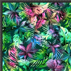 Looped knit digital print - colourful jungle on a dark green background