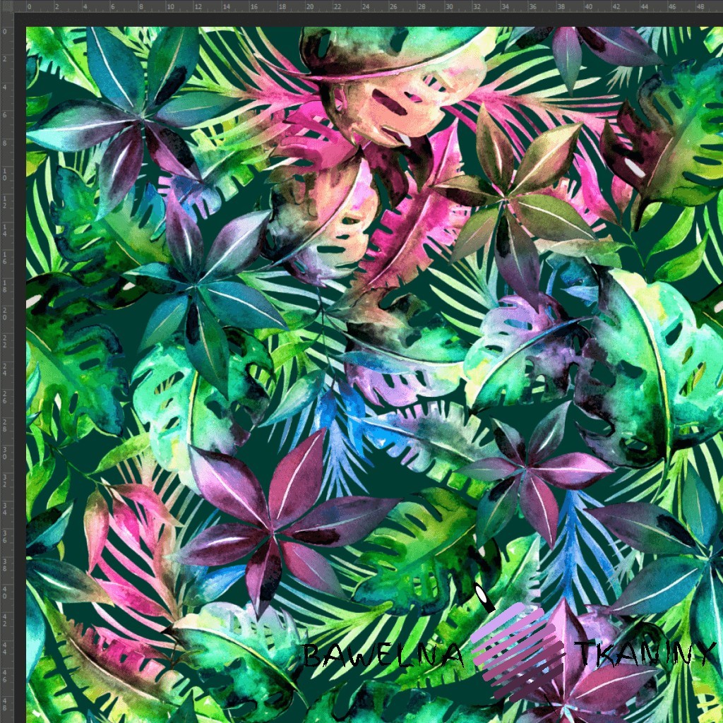 Dresówka pętelka druk cyfrowy - dżungla kolorowa na ciemno zielonym tle