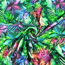 Looped knit digital print - colourful jungle on a dark green background