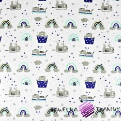 Cotton gray, mint and navy blue cats with a rainbow on a white background