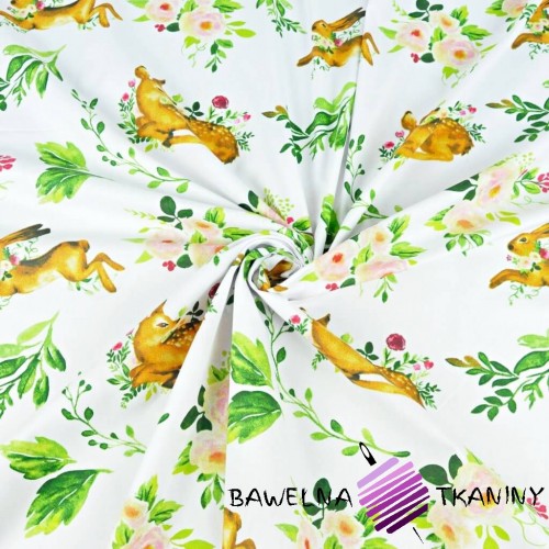 Cotton deer with hares and green leaves on a white background