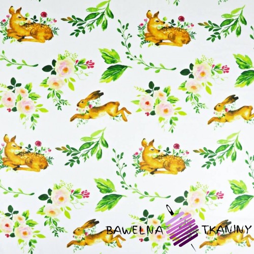 Cotton deer with hares and green leaves on a white background
