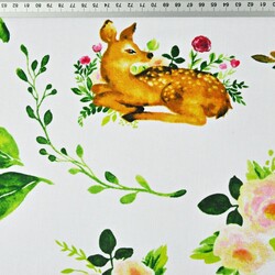 Cotton deer with hares and green leaves on a white background