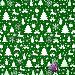 Cotton Christmas pattern trees and snowman on green background
