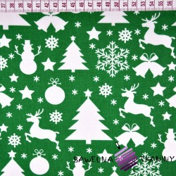 Bawełna wzór świąteczny choinki i bałwanki białe na zielonym tle