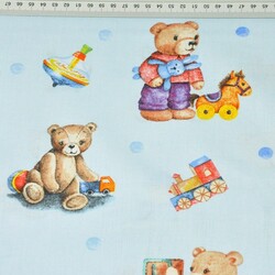 Cotton Colorful Teddy bears with toys on a light blue background