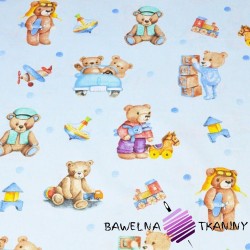 Cotton Colorful Teddy bears with toys on a light blue background
