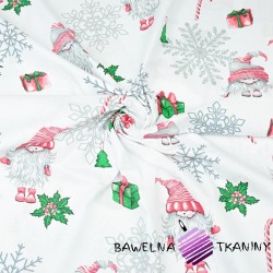 wzór świąteczny skrzaty w parach ze śnieżynkami na białym tle