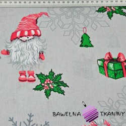 wzór świąteczny skrzaty w parach z śnieżynkami na szarym tle