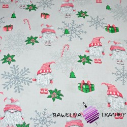 wzór świąteczny skrzaty w parach z śnieżynkami na szarym tle