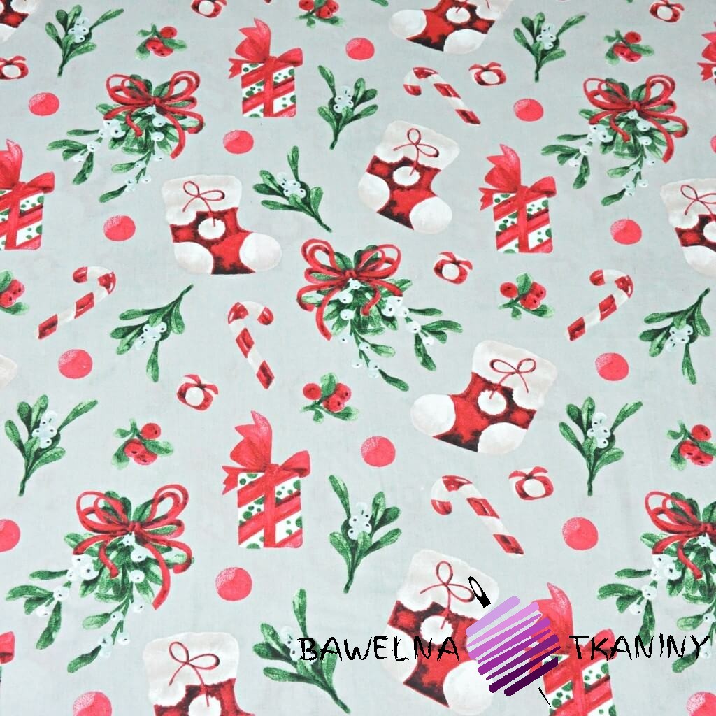Bawełna wzór świąteczny skarpety z prezentami na szarym tle