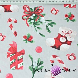 Bawełna wzór świąteczny skarpety z prezentami na szarym tle