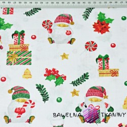Bawełna wzór świąteczny mikołaje z prezentami na białym tle