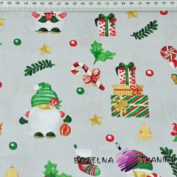 Cotton Christmas pattern Santa with gifts on a gray background
