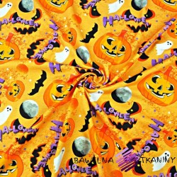 Cotton Jersey knit digital printing of halloween pumpkins on a orange background
