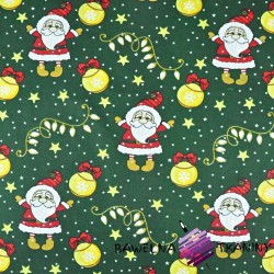 Bawełna wzór świąteczny mikołaje z bombkami na ciemno zielonym tle