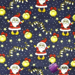 Cotton Christmas pattern Santa Clauses with baubles on a navy blue background